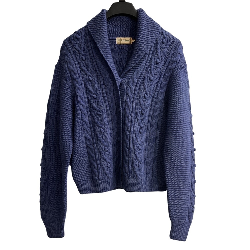 Vintage LL Bean Cardigan Sweater Blue 100%‎ Wool Shawl Collar Cable Knit Size 44